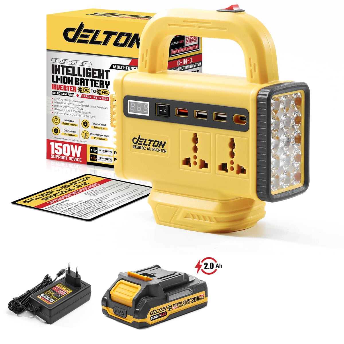 เครื่องแปลงไฟ (พร้อมแบตเตอรี่) DELTON รุ่น DC-AC150W-PRO ULTRAFLEX 20V 2AH_1